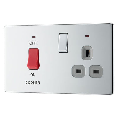 BG Screwless Polished Chrome 45A DP Cooker Neon Socket Switch FPC70G with 35mm Steel Back Box