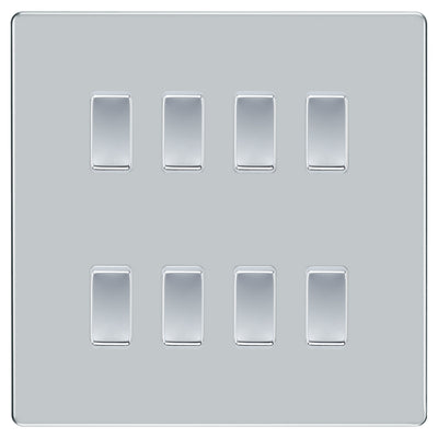 BG Polished Chrome Screwless 8 Gang Intermediate Light Switch Custom Grid Switch with Back Box Included by British General (BG-SCL-PC-8G-CUSTOM-8x-INT-SWITCH)