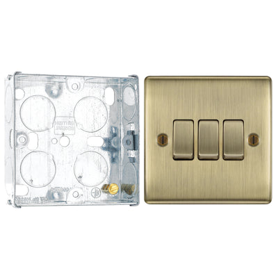BG Nexus Metal Antique Brass 20A 16AX 2 Way Triple Light Switch NAB43 with 25mm Steel Back Box by British General (BG-NAB43+HGS02)