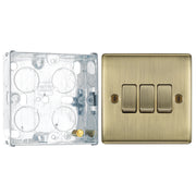 BG Nexus Metal Antique Brass 20A 16AX 2 Way Triple Light Switch NAB43 with 25mm Steel Back Box by British General (BG-NAB43+HGS02)
