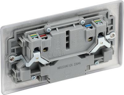 BG NBS22UAC12G Nexus Metal 13A Double Switched Power Socket + USB A+C (12W) - Brushed Steel + Grey Insert by British General (BG-NBS22UAC12G)