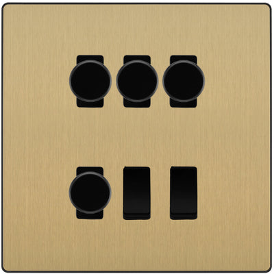 BG Evolve Satin Brass 6 Gang Switch 4x Trailing Edge LED Dimmer 2x 2Way Custom Grid Switch by British General (BG-Evolve-SB-6G-CUSTOM-4x-Dimmer-2x-2WAY)