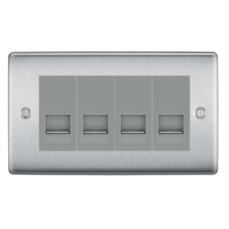 BG Nexus Brushed Steel 4 Gang Secondary Telephone Socket, Screw Terminal - Grey Insert