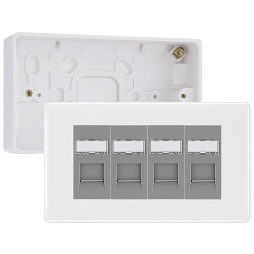 BG Nexus White RJ45 CAT6 Module with 4 Gang Faceplate, 4 Port Network Socket & 32mm Back Box (Grey Insert)