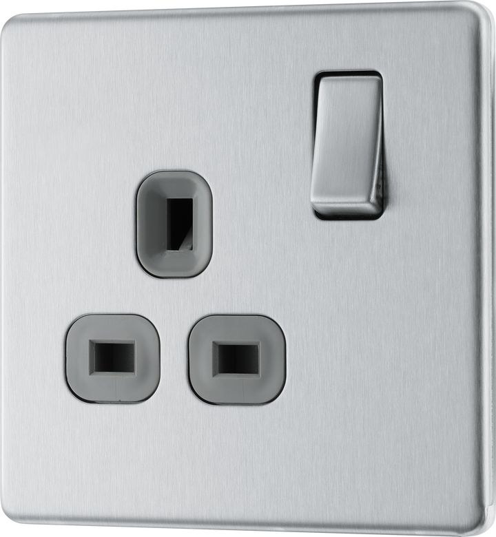 FBS21G Front - This Screwless Flat plate brushed steel finish 13A single switched socket from British General has a sleek flat profile that clips on and off for a screwless appearance and an anti-fingerprint lacquer with no visible plastic around the switch for a premium finish.