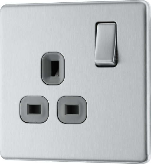 FBS21G Front - This Screwless Flat plate brushed steel finish 13A single switched socket from British General has a sleek flat profile that clips on and off for a screwless appearance and an anti-fingerprint lacquer with no visible plastic around the switch for a premium finish.