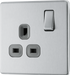 FBS21G Front - This Screwless Flat plate brushed steel finish 13A single switched socket from British General has a sleek flat profile that clips on and off for a screwless appearance and an anti-fingerprint lacquer with no visible plastic around the switch for a premium finish.