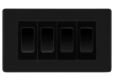 BG Matt Black Screwless 4 Gang 20AX 2-Way Switch Custom Grid - Black Insert by British General (BG-SCRL-FB-4G-Combo-4x 2WAY-BL)