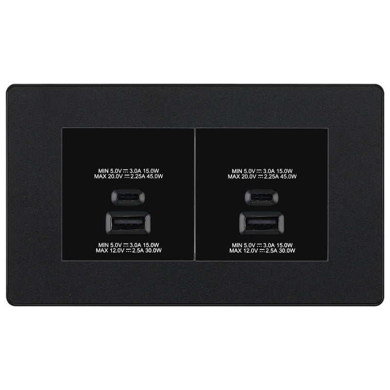 BG Evolve Matt Black 4G Faceplate with 45W USB A+C Charger Modules – Black Insert