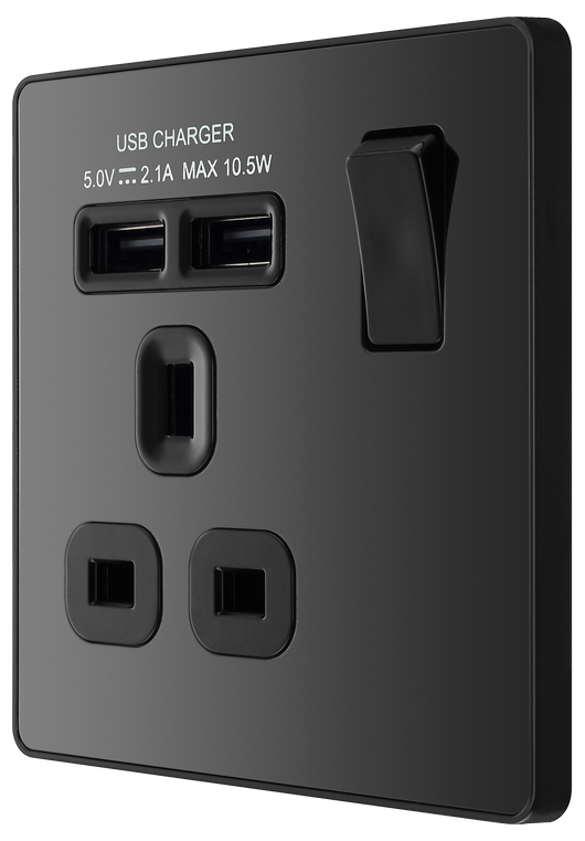 PCDBC21B Side - This Evolve Black Chrome 13A single switched socket from British General has been designed with angled in line colour coded terminals and backed out captive screws for ease of installation, and fits a 25mm back box making it an ideal retro-fit replacement for existing sockets.