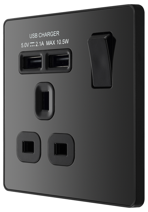 PCDBC21B Side - This Evolve Black Chrome 13A single switched socket from British General has been designed with angled in line colour coded terminals and backed out captive screws for ease of installation, and fits a 25mm back box making it an ideal retro-fit replacement for existing sockets.