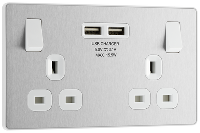 PCDBS22U3W Front - This Evolve Brushed Steel 13A double power socket from British General comes with two USB charging ports, allowing you to plug in an electrical device and charge mobile devices simultaneously without having to sacrifice a power socket.
