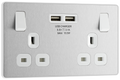 BG PCDBS22U3W Brushed Steel Evolve 2 Gang 13A 2x USB-A 3.1A Switched Socket Outlet - White Insert