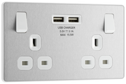 BG PCDBS22U3W Brushed Steel Evolve 2 Gang 13A 2x USB-A 3.1A Switched Socket Outlet - White Insert by British General (BG-PCDBS22U3W-Shopify-SA_1)