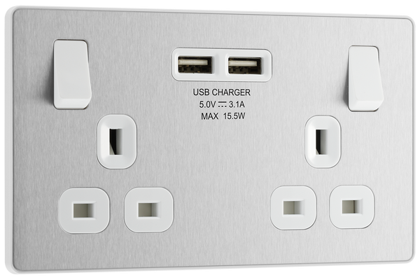 PCDBS22U3W Front - This Evolve Brushed Steel 13A double power socket from British General comes with two USB charging ports, allowing you to plug in an electrical device and charge mobile devices simultaneously without having to sacrifice a power socket.