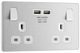 BG PCDBS22U3W Brushed Steel Evolve 2 Gang 13A 2x USB-A 3.1A Switched Socket Outlet - White Insert