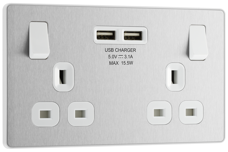 BG PCDBS22U3W Brushed Steel Evolve 2 Gang 13A 2x USB-A 3.1A Switched Socket Outlet - White Insert
