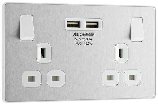 PCDBS22U3W Front - This Evolve Brushed Steel 13A double power socket from British General comes with two USB charging ports, allowing you to plug in an electrical device and charge mobile devices simultaneously without having to sacrifice a power socket.
