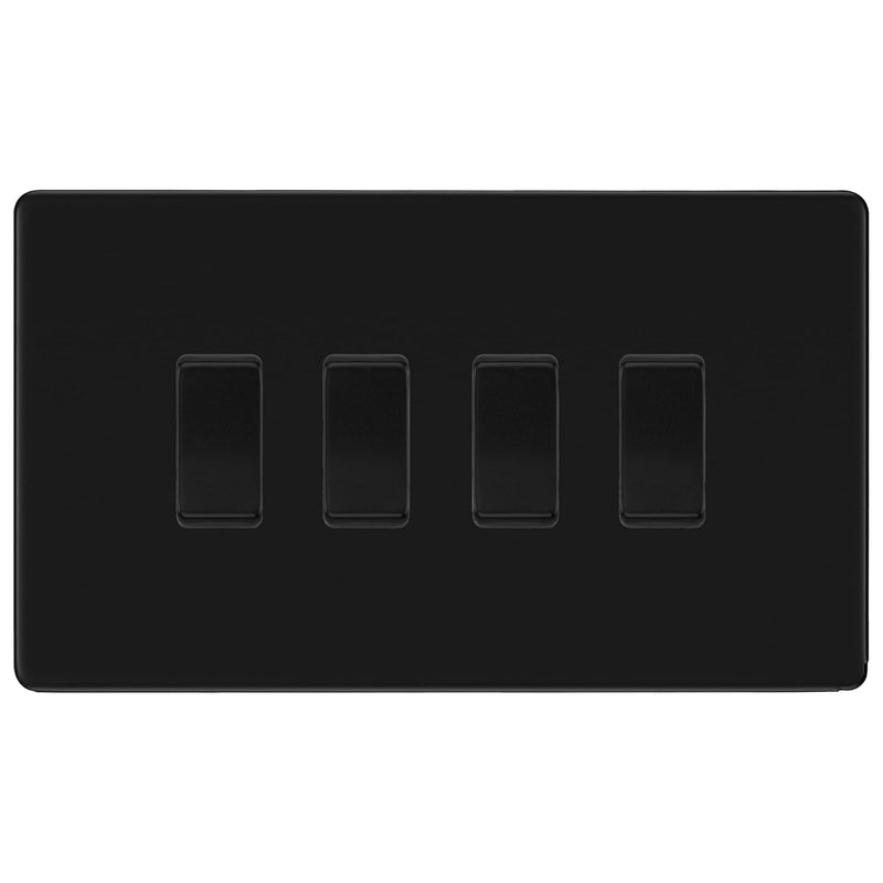 BG Matt Black Screwless 4 Gang Intermediate Light Switch | Modern Slim Grid