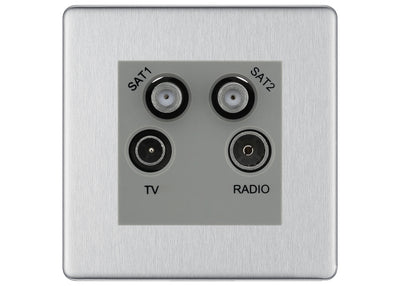 BG Screwless Brushed Steel TV/FM/2x SAT Quadplex Socket – Grey Insert by British General (BG-FBSTVFMSAT2G)