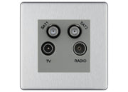 BG Screwless Brushed Steel TV/FM/2x SAT Quadplex Socket – Grey Insert by British General (BG-FBSTVFMSAT2G)