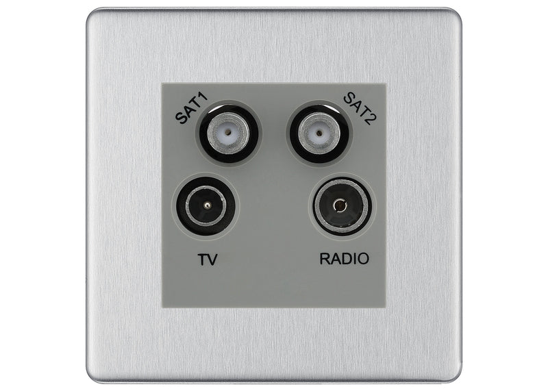BG Screwless Brushed Steel TV/FM/2x SAT Quadplex Socket – Grey Insert
