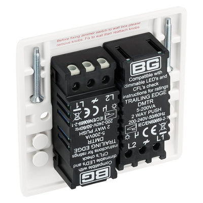 BG Nexus 2 Gang 200W 2 Way Trailing Edge Dimmer Switch & 32mm Pattress Back Box
