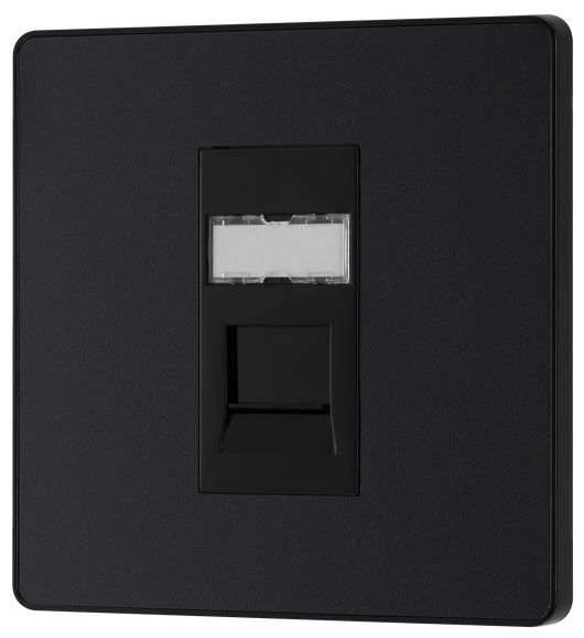 PCDMBRJ451B Front - This Evolve Matt Black RJ45 ethernet socket from British General uses an IDC terminal connection and is ideal for home and office, providing a networking outlet with ID window for identification. The Cat6 outlet supports data transfer speeds of up to 10Gbps at 250 MHz up to 164 feet.