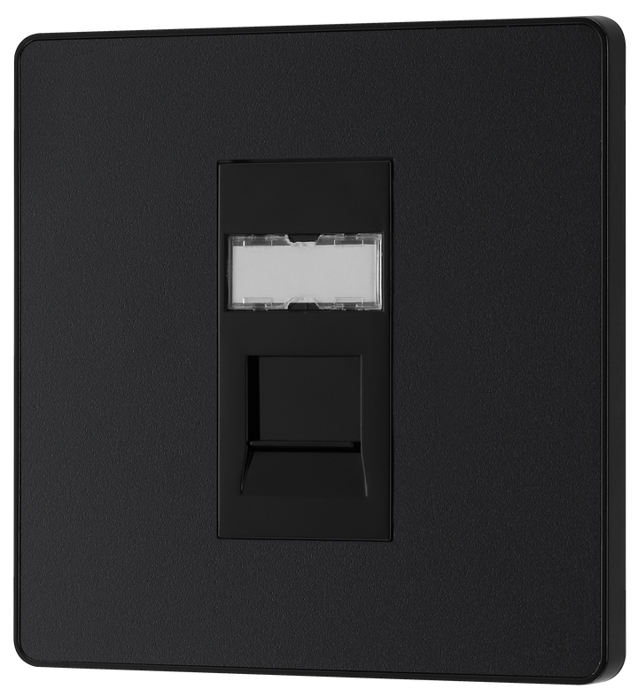 PCDMBRJ451B Front - This Evolve Matt Black RJ45 ethernet socket from British General uses an IDC terminal connection and is ideal for home and office, providing a networking outlet with ID window for identification. The Cat6 outlet supports data transfer speeds of up to 10Gbps at 250 MHz up to 164 feet.