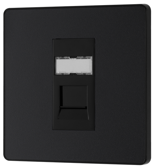 PCDMBRJ451B Front - This Evolve Matt Black RJ45 ethernet socket from British General uses an IDC terminal connection and is ideal for home and office, providing a networking outlet with ID window for identification. The Cat6 outlet supports data transfer speeds of up to 10Gbps at 250 MHz up to 164 feet.