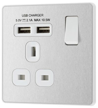 PCDBS21U2W Front - This Evolve Brushed Steel 13A single power socket from British General comes with two USB charging ports, allowing you to plug in an electrical device and charge mobile devices simultaneously without having to sacrifice a power socket.