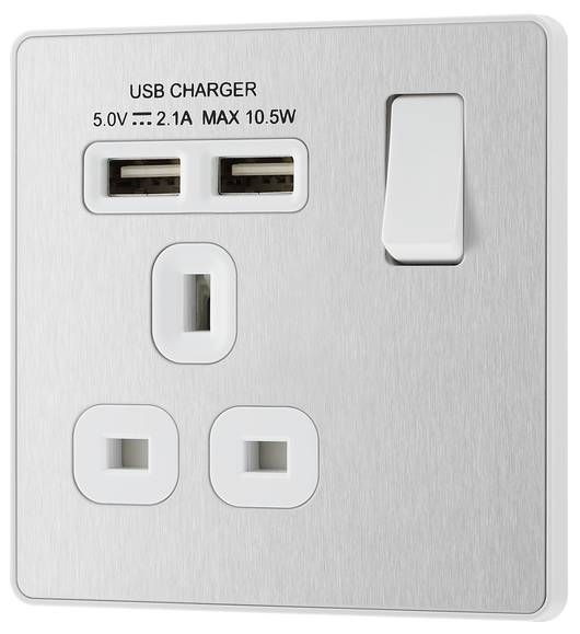 PCDBS21U2W Front - This Evolve Brushed Steel 13A single power socket from British General comes with two USB charging ports, allowing you to plug in an electrical device and charge mobile devices simultaneously without having to sacrifice a power socket.