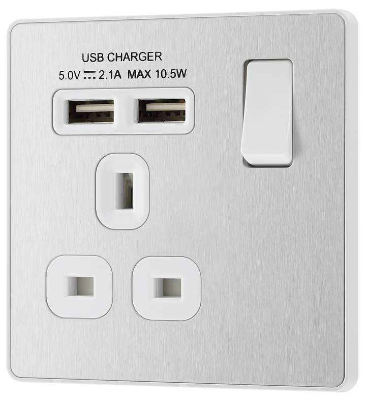 PCDBS21U2W Front - This Evolve Brushed Steel 13A single power socket from British General comes with two USB charging ports, allowing you to plug in an electrical device and charge mobile devices simultaneously without having to sacrifice a power socket.