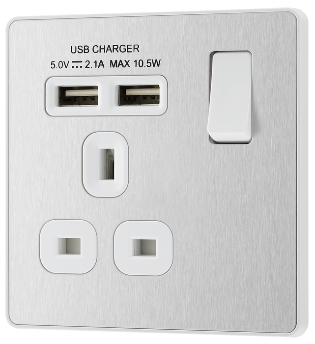 PCDBS21U2W Front - This Evolve Brushed Steel 13A single power socket from British General comes with two USB charging ports, allowing you to plug in an electrical device and charge mobile devices simultaneously without having to sacrifice a power socket.