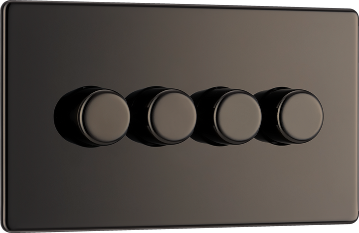 FBN84 Front -This trailing edge quadruple dimmer switch from British General allows you to control your light levels and set the mood. The intelligent electronic circuit monitors the connected load and provides a soft-start with protection against thermal, current and voltage overload.