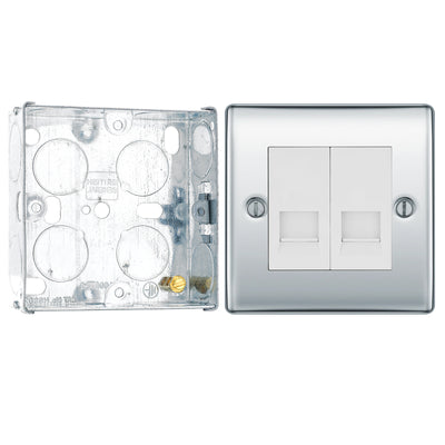 BG Nexus Polished Chrome Double Master Telephone Socket NPCBTM2 with 25mm Steel Back Box by British General (BG-NPCBTM2+HGS02)