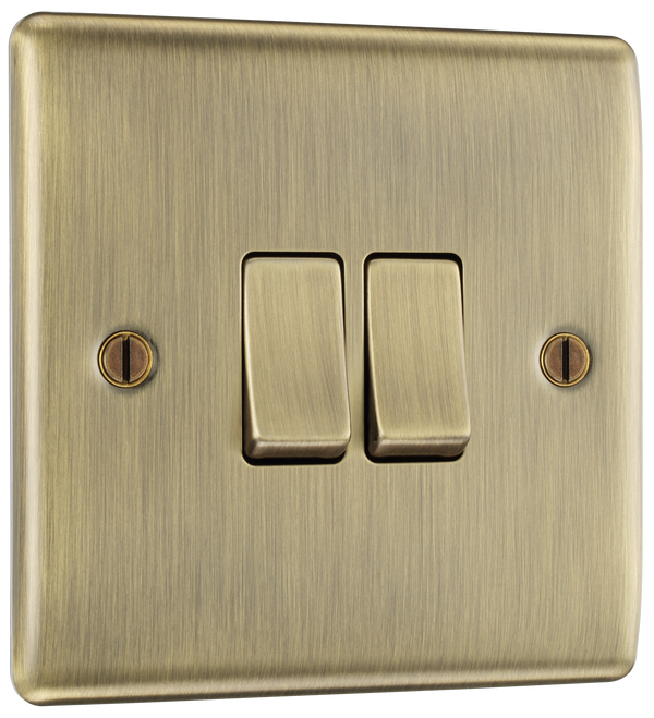  NAB42 Front - This antique brass finish 20A 16AX double light switch from British General can operate 2 different lights whilst the 2 way switching allows a second switch to be added to the circuit to operate the same light from another location (e.g. at the top and bottom of the stairs). This switch has a sleek and slim profile.