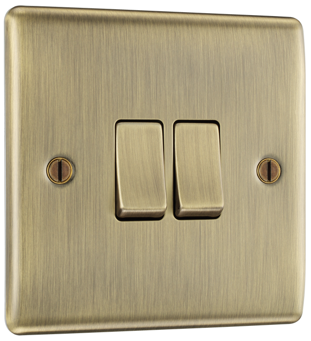  NAB42 Front - This antique brass finish 20A 16AX double light switch from British General can operate 2 different lights whilst the 2 way switching allows a second switch to be added to the circuit to operate the same light from another location (e.g. at the top and bottom of the stairs). This switch has a sleek and slim profile.