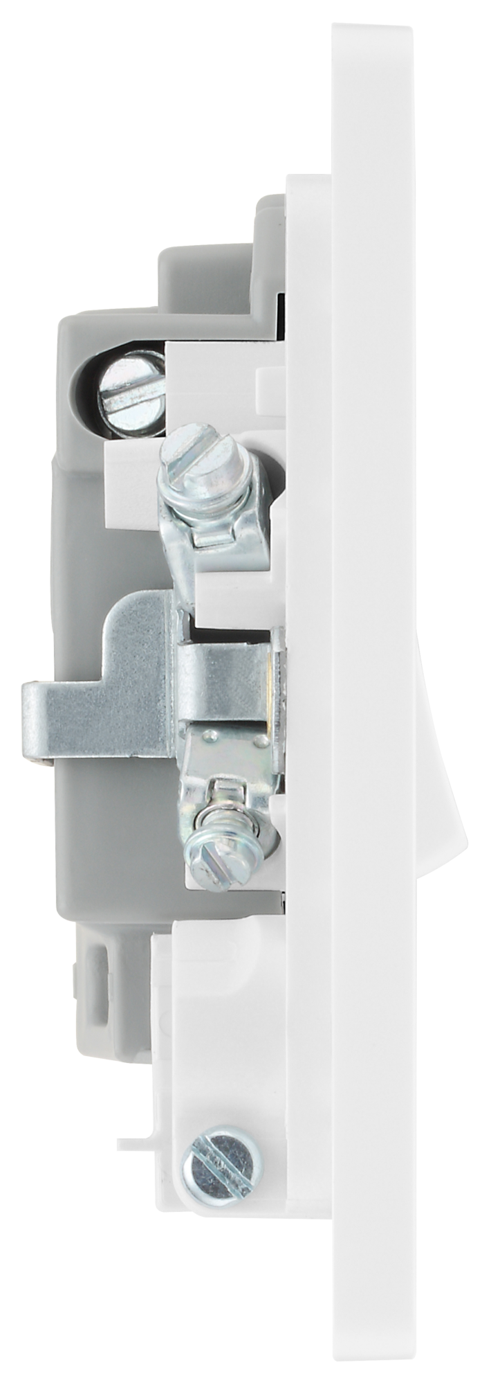 PCDBS52W Side - This Evolve Brushed Steel 13A fused and switched connection unit from British General with power indicator provides an outlet from the mains containing the fuse, ideal for spur circuits and hardwired appliances.