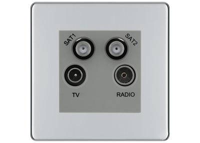 BG Screwless Polished Chrome TV/FM/2x SAT Quadplex Socket – Grey Insert by British General (BG-FPCTVFMSAT2G)
