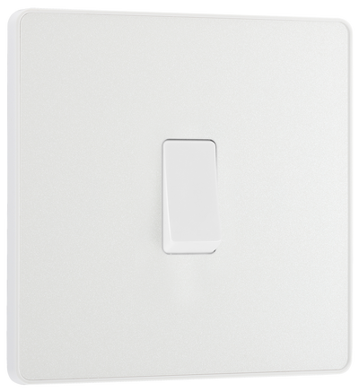 PCDCL13W Front - This Evolve pearlescent white 20A 16AX intermediate light switch from British General should be used as the middle switch when you need to operate one light from 3 different locations, such as either end of a hallway and at the top of the stairs.