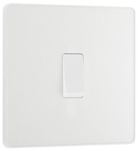 PCDCL13W Front - This Evolve pearlescent white 20A 16AX intermediate light switch from British General should be used as the middle switch when you need to operate one light from 3 different locations, such as either end of a hallway and at the top of the stairs.