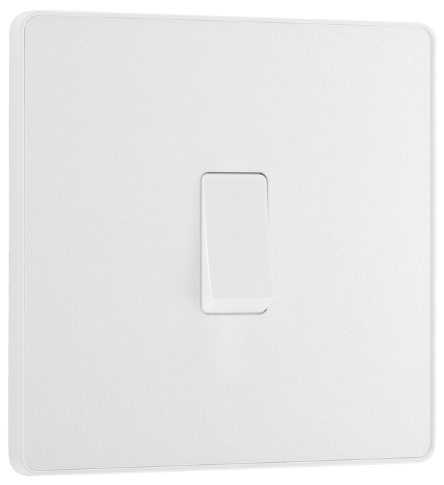 PCDCL13W Front - This Evolve pearlescent white 20A 16AX intermediate light switch from British General should be used as the middle switch when you need to operate one light from 3 different locations, such as either end of a hallway and at the top of the stairs.