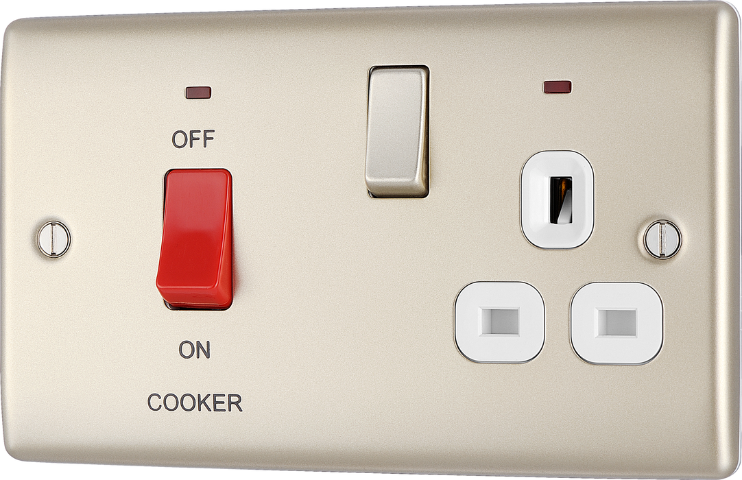  NPR70W Front - This 45A cooker control unit from British General includes a 13A socket for an additional appliance outlet, and has flush LED indicators above the socket and switch