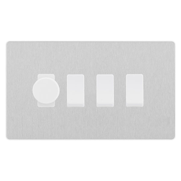 BG Evolve Brushed Steel 4 Gang Custom Grid Switch 1x LED Dimmer 3x 2 Way Switch