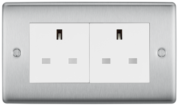 NBS24W Front - This brushed steel finish 13A double unswitched socket from British General has a sleek and slim profile with softly rounded edges and an anti-fingerprint lacquer for a luxurious finish. This socket has been designed with angled in line colour coded terminals and backed out captive screws for ease of installation.