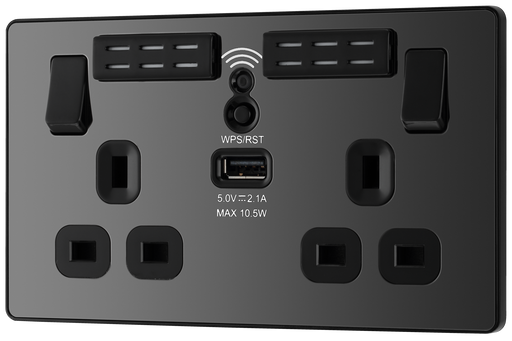 PCDBC22UWRB Front - This Evolve Black Chrome 13A double power socket with integrated Wi-Fi Extender from British General will eliminate dead spots and expand your Wi-Fi coverage.