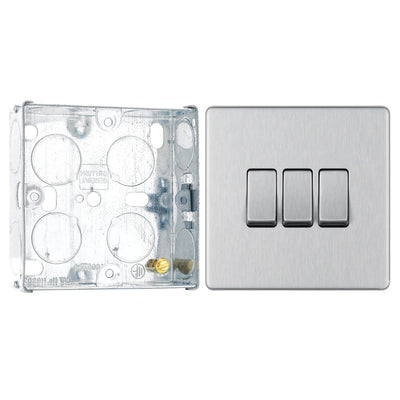 BG Screwless Brushed Steel 20A 16AX 2-Way Triple Light Switch FBS43 with 25mm Steel Back Box by British General (BG-FBS43+HGS02)