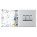 BG Screwless Brushed Steel 20A 16AX 2-Way Triple Light Switch FBS43 with 25mm Steel Back Box