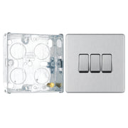 BG Screwless Brushed Steel 20A 16AX 2-Way Triple Light Switch FBS43 with 25mm Steel Back Box by British General (BG-FBS43+HGS02)
